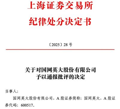 上交所通报批评！国网英大再因子公司受罚 自有资金投资风险引关注